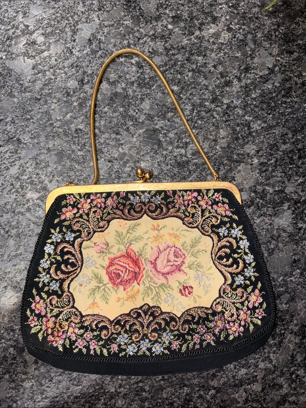 Vintage Floral Embroidered Evening Bag - Black and Cream